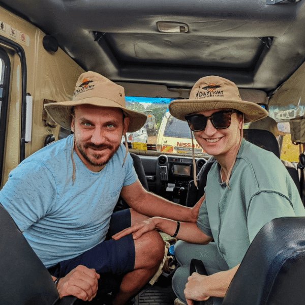 Couple on game drive enjoying unique safari adventures in Kenya with Daylight Adventures-min