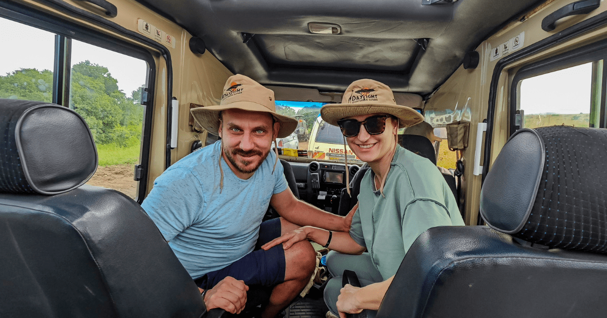 Couple on game drive enjoying unique safari adventures in Kenya with Daylight Adventures-min