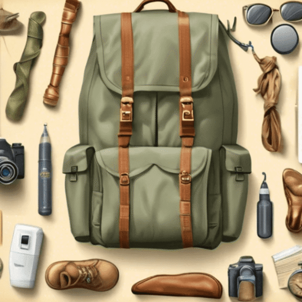 Travel backpack and safari essentials laid out for a Kenya Safari Packing Guide-min