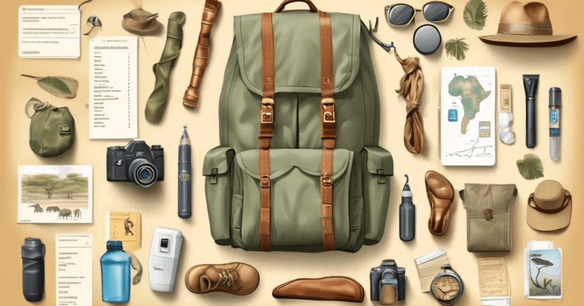 Travel backpack and safari essentials laid out for a Kenya Safari Packing Guide-min